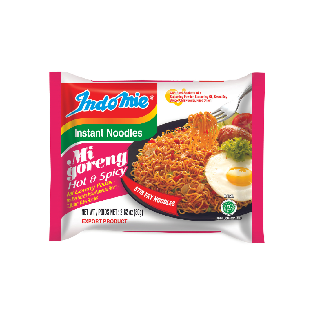 A single pack of Mi Goreng Hot & Spicy instant noodles