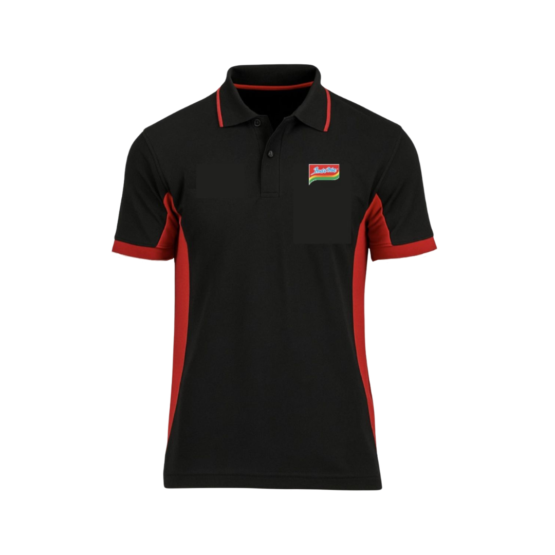 Black and red polo shirt with a indomie noodles logo on a white background