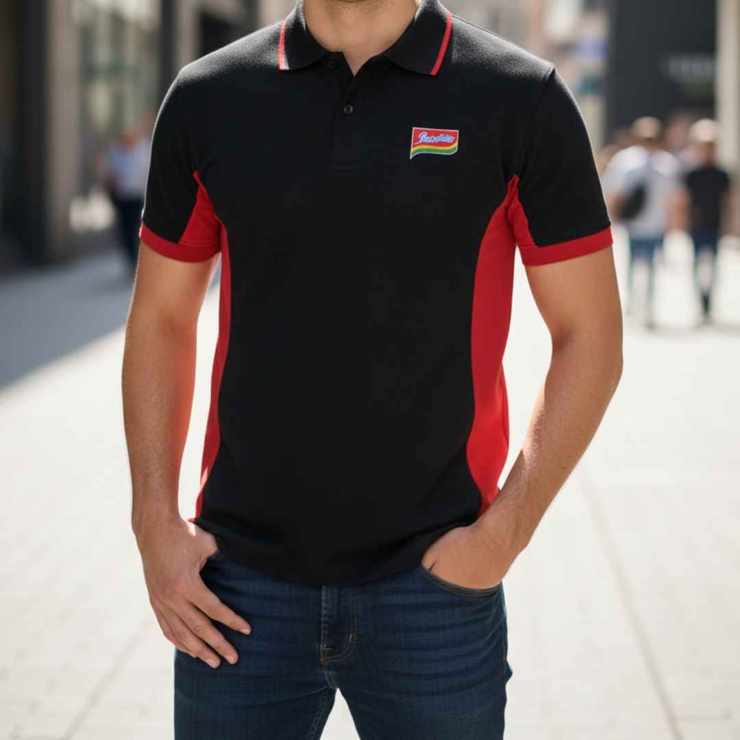 A man wearing a black short-sleeve polo shirt with red side panels and red trim on the collar and cuffs, paired with blue jeans, standing on a blurred city street.