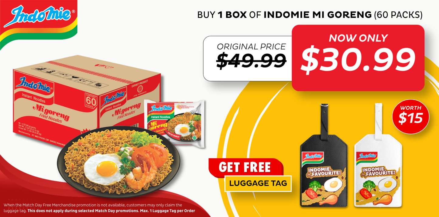 Promotional graphic featuring Indomie instant noodles, advertised as best instant noodles in a 60-pack box of Indomie noodles for $30.99, reduced from $49.99, with a free Indomie luggage tag worth $15. The image shows the noodle box, packet, a prepared Mi Goreng dish with egg and vegetables, and two luggage-tag designs.