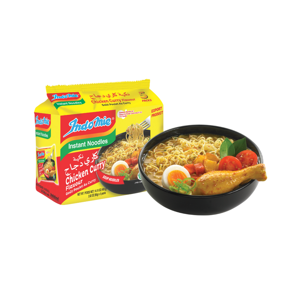 A bowl of prepared Indomie Chicken Curry Flavor noodles