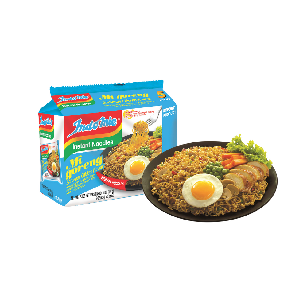 A plate of cooked Indomie Mi Goreng BBQ Chicken noodles.