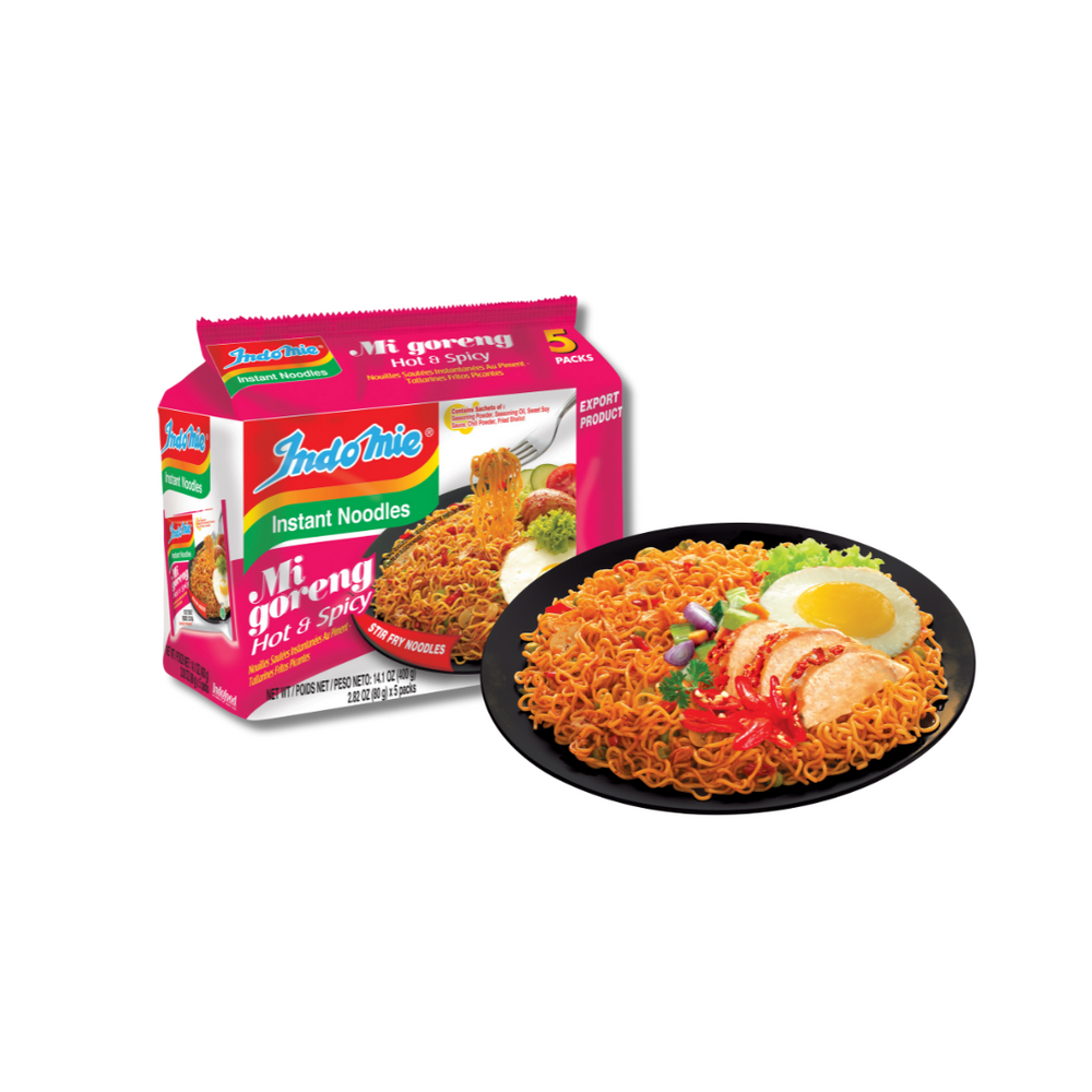 A plate of cooked Indomie Mi Goreng Hot & Spicy noodles.