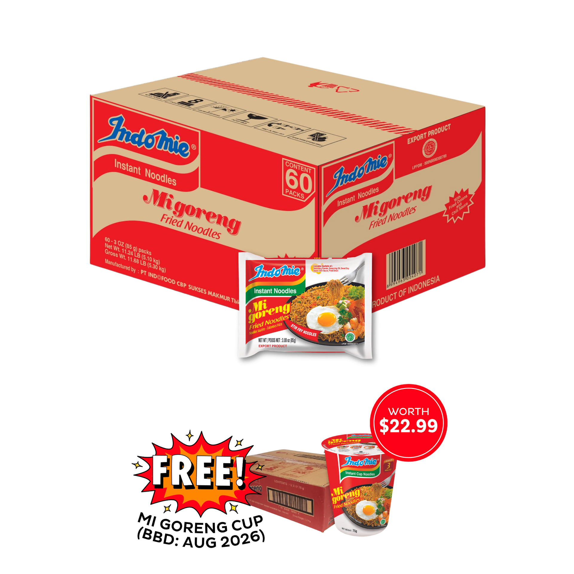 Indomie Mi Goreng Noodles - 60 Pack, Original Single Pack [FREE